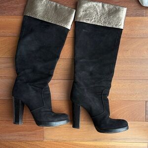 Suede Black and Gold Knee-High Boots